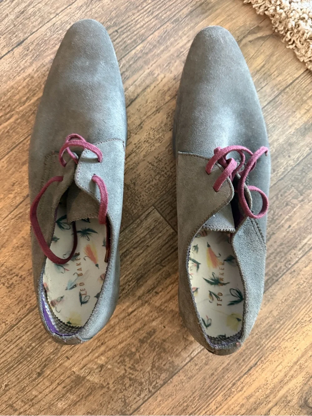 Ted Baker London Taupe Suede Oxfords with Burgundy Laces